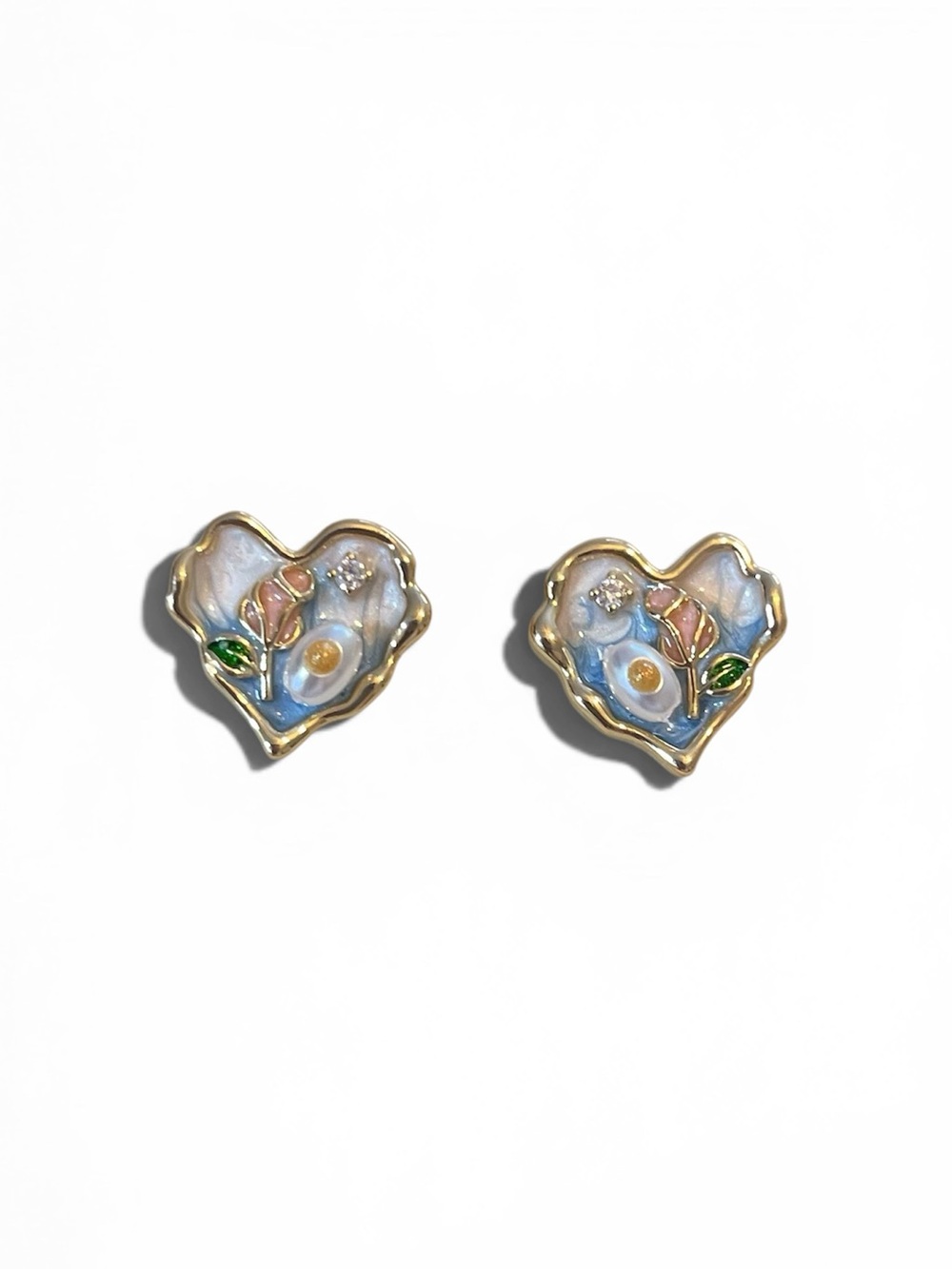 Gold-Edged Pastel Heart Floral Enamel Stud Earrings - Blue & Pink
